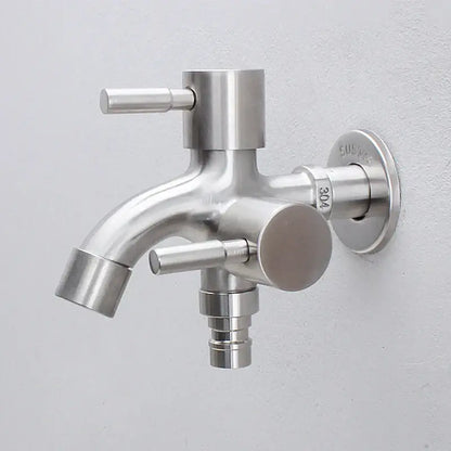 Modern polished stainless steel 304 double faucet wall mount with dual handles for outdoor and kitchen use