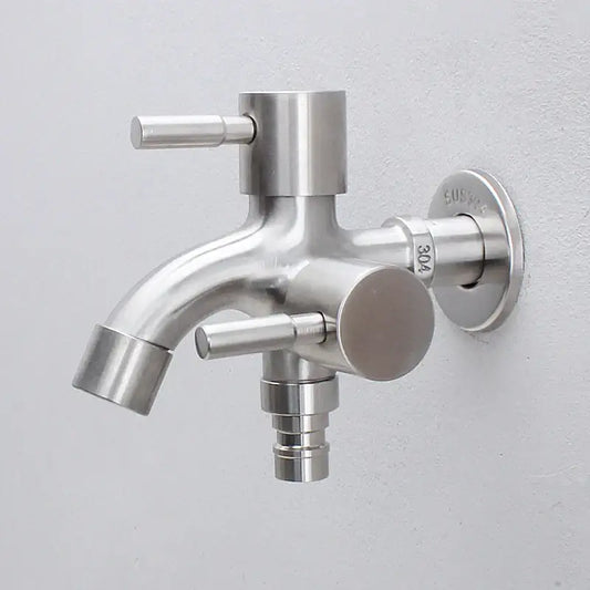 Modern polished stainless steel 304 double faucet wall mount with dual handles for outdoor and kitchen use