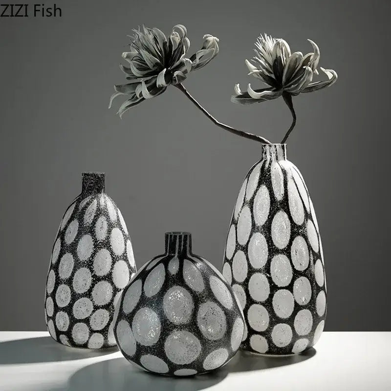 Three black and white ceramic decorbites bubble glass vases with a glossy polka dot pattern for modern living room decor