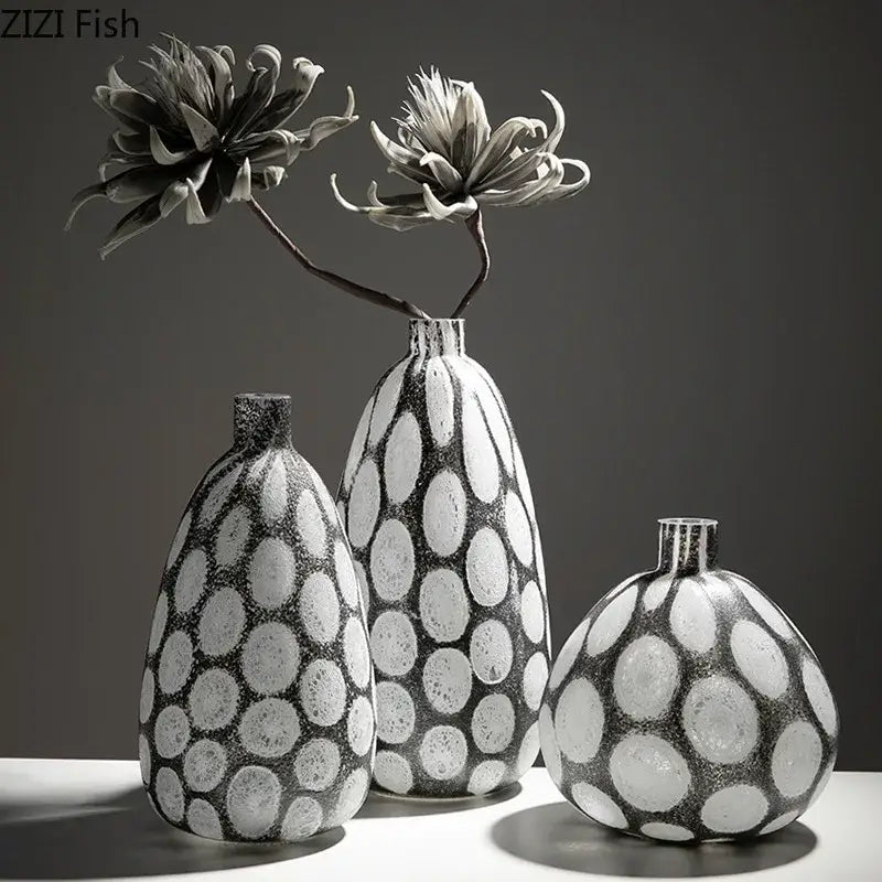 Three modern black and white decorbites bubble glass vases with polka dot textured surfaces for living room decor
