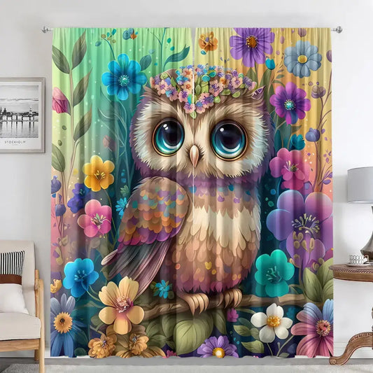 Modern printed colorful owl bedroom curtain set with vibrant cartoon owl and oversized multicolor flowers decorbites black cat
