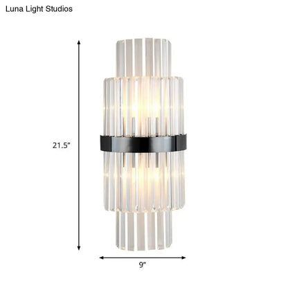 Modern prism wall mount lamp featuring stacked clear glass rods with a sleek black color metal band for living rooms