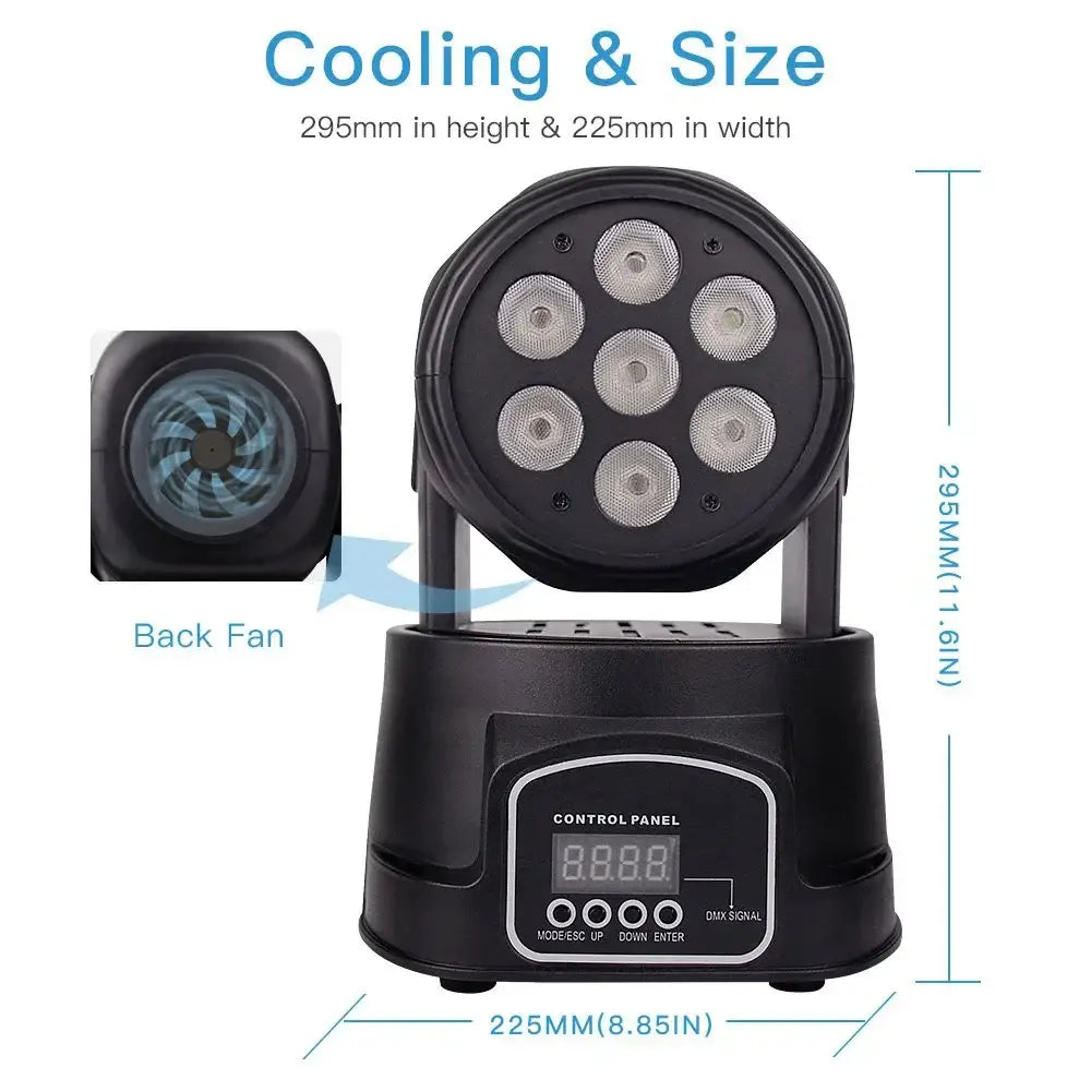 Black led mini moving light spotlight with seven circular bulbs and cooling size control panel for stage use