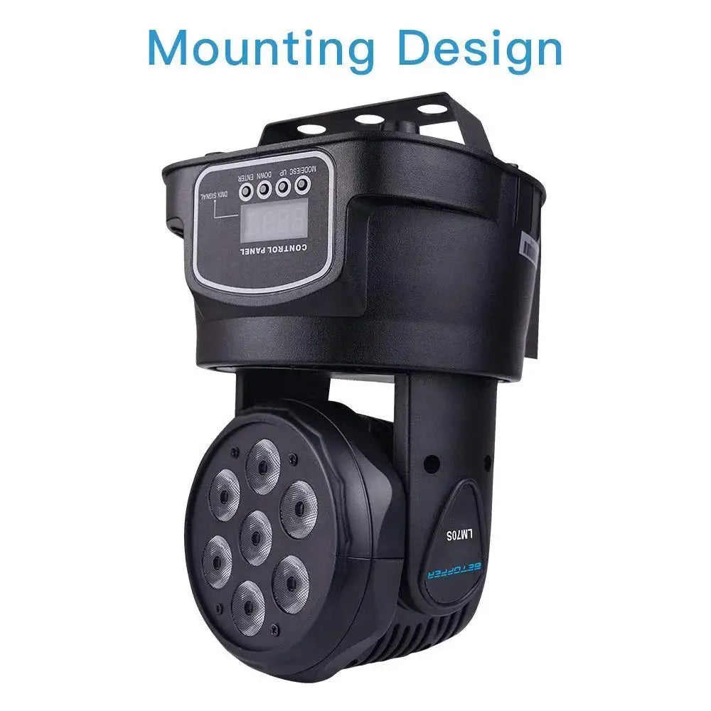 Modern purple and black mini moving light stage performance spotlight with seven led emitters and digital control panel