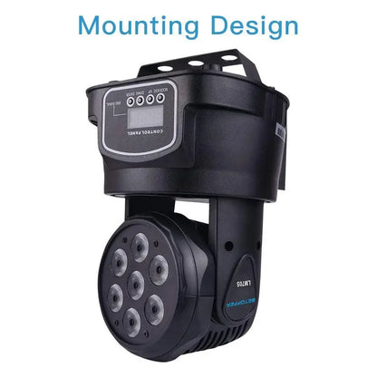 Modern purple and black mini moving light stage performance spotlight with seven led emitters and digital control panel