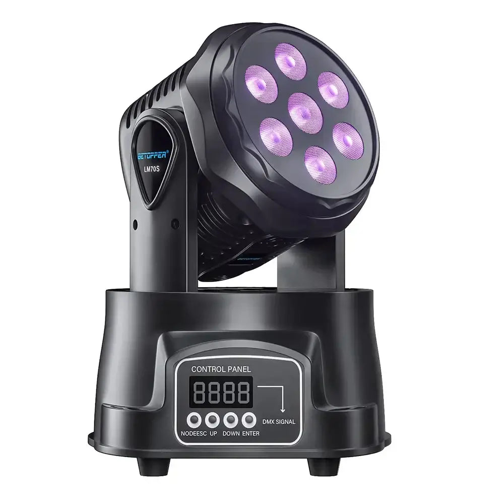 Black Betupper LM70S mini moving light spotlight with seven purple LEDs and digital control panel for stage performance