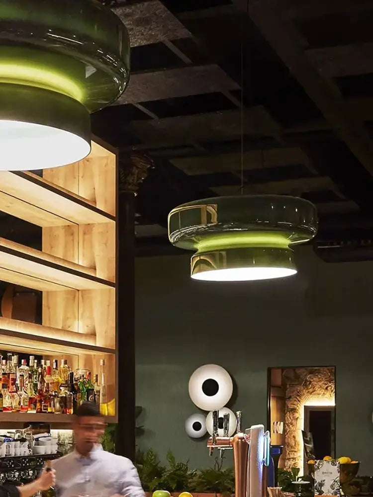 Modern purple and white italian glass pendant light with green glass decorbites italian glass pendant warm glow