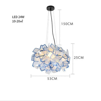 Modern purple and yellow petal led chandelier with blue and white translucent petals from decorbites clizia led collection