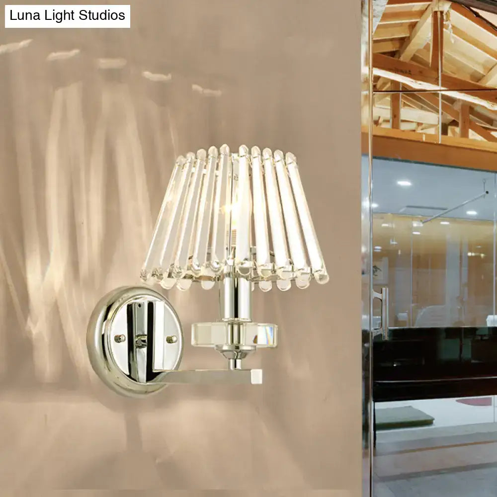 Modern pyramid chrome finish crystal wall light with clear faceted rods as an elegant 8 inch fixture for living room