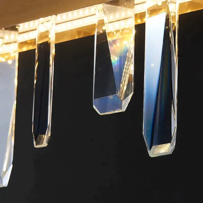 DecorBites™ Kyala modern rectangle gold crystal chandelier with clear faceted crystal pendant lights and geometric design