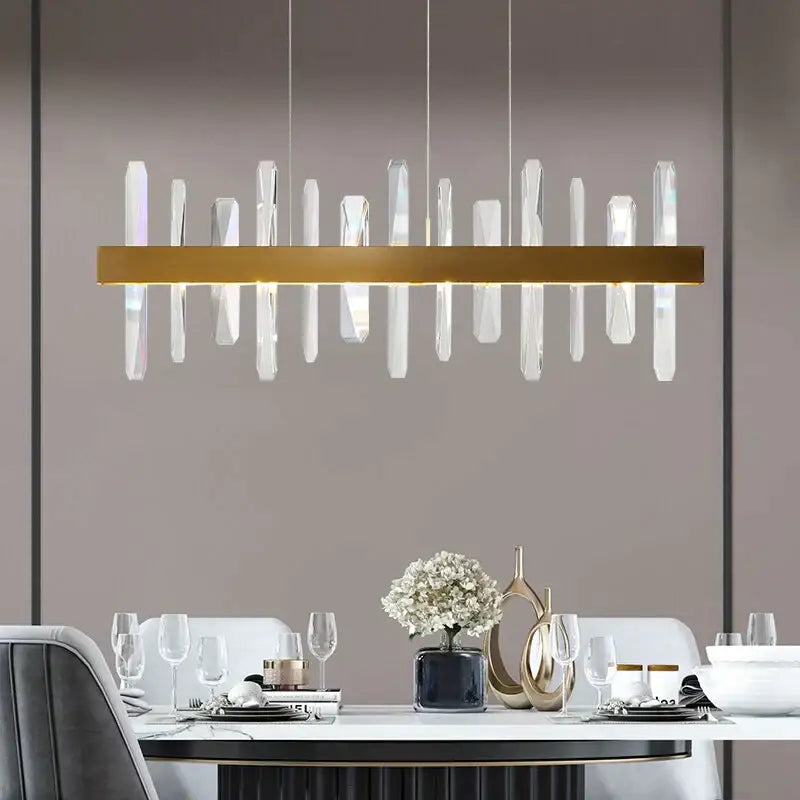Decorbites™ kyala modern rectangle gold crystal chandelier with clear vertical rods and gold-toned linear frame