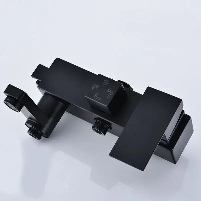 Modern rectangular black matte-finish shower faucet with dual spray heads and integrated control panel decorbites black chrome bathroom mixer