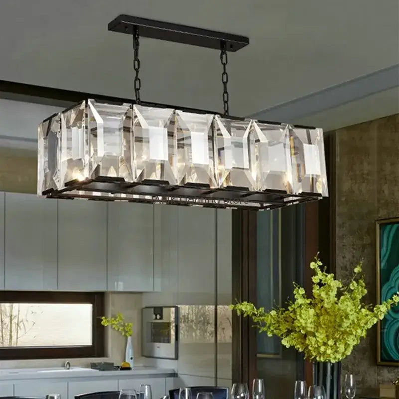 Modern rectangular black crystal chandelier with black metal frame and chain suspension for dining room decorbites crystal chandeliers
