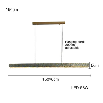 Modern rectangular blue copper crystal led chandelier 150cm with textured metallic finish and warm ambient lighting