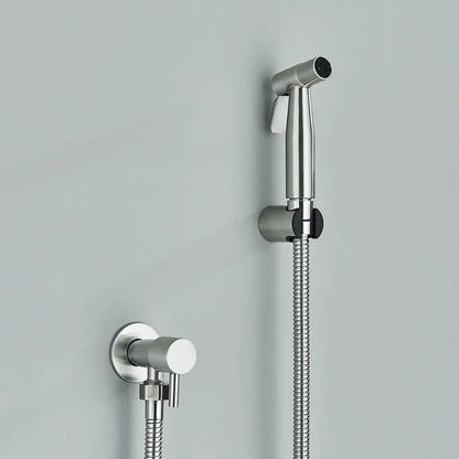Modern chrome-finished handheld showerhead with braided hose and black grip accents for decorbites brass bidet faucet use