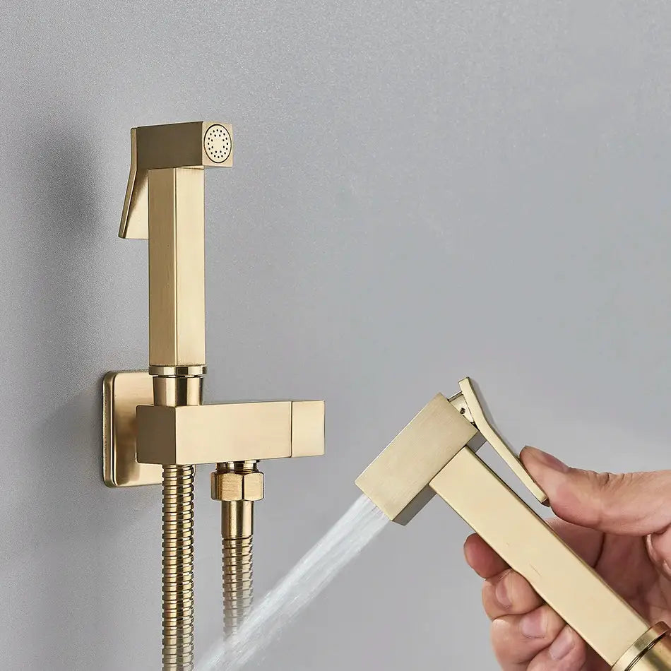 Modern rectangular brass bidet faucet in gold with sleek design and flexible hose decorbites brass bidet sprayer