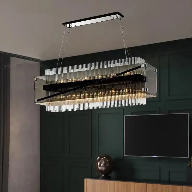 Modern rectangular crystal glass pendant chandelier with clear prisms and black metal for dining room decorbites crystal glass