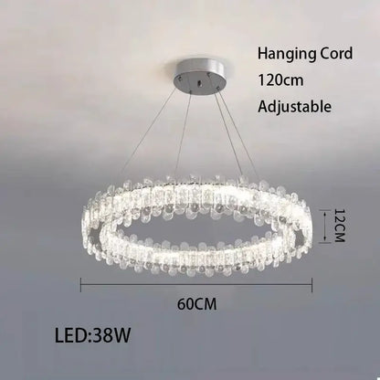 Modern rectangular decorbites crystal led ceiling lighting fixture with double-ring chandelier and clear crystal droplets chrome mount