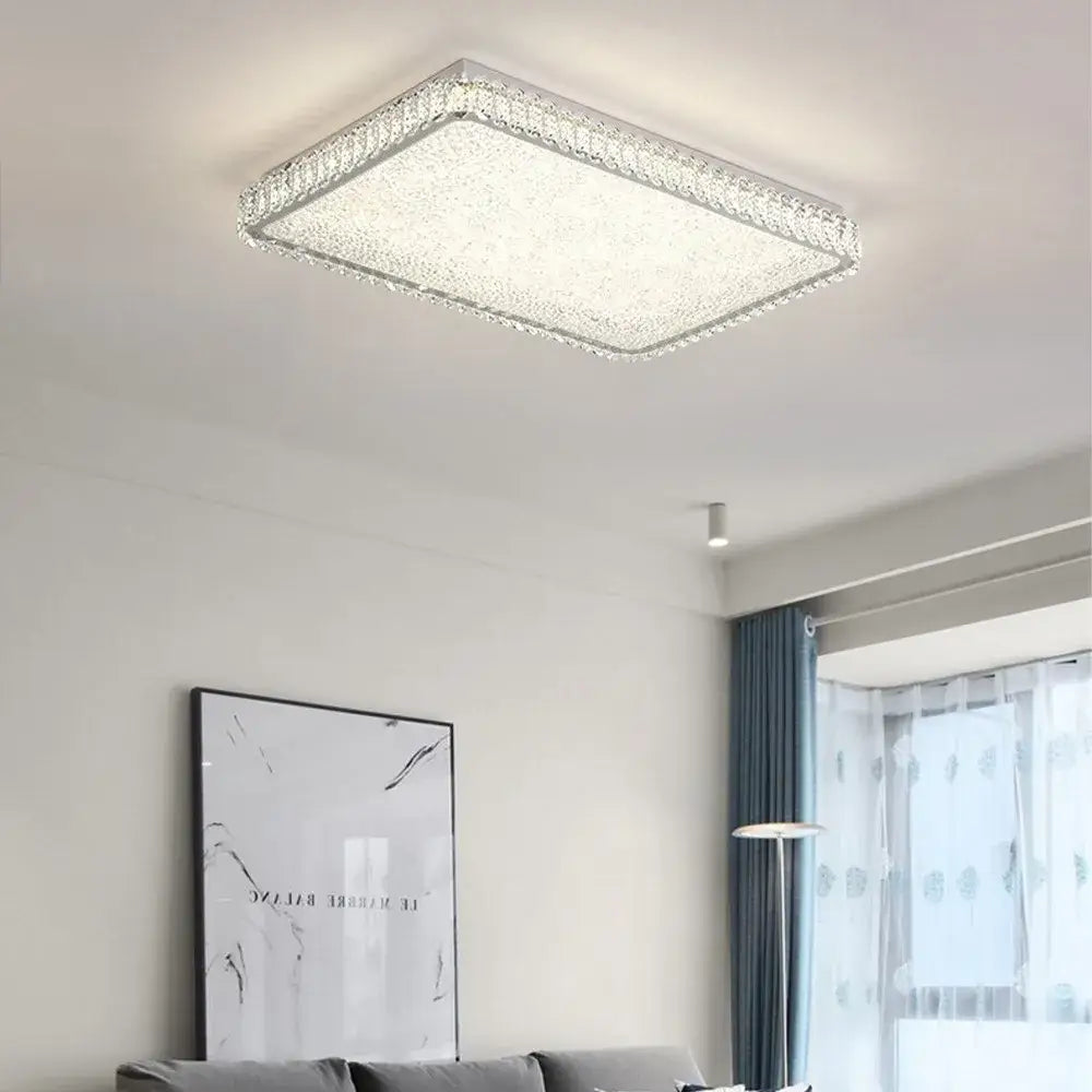 Modern rectangular crystal led ceiling lighting fixture with sparkling crystal border and frosted glass center for dining room