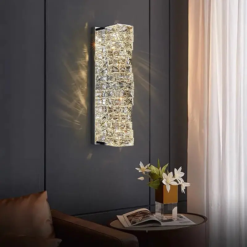 Modern rectangular crystal wall sconce with textured design and warm led illumination perfect for bedroom decorbites crystal wall lighting