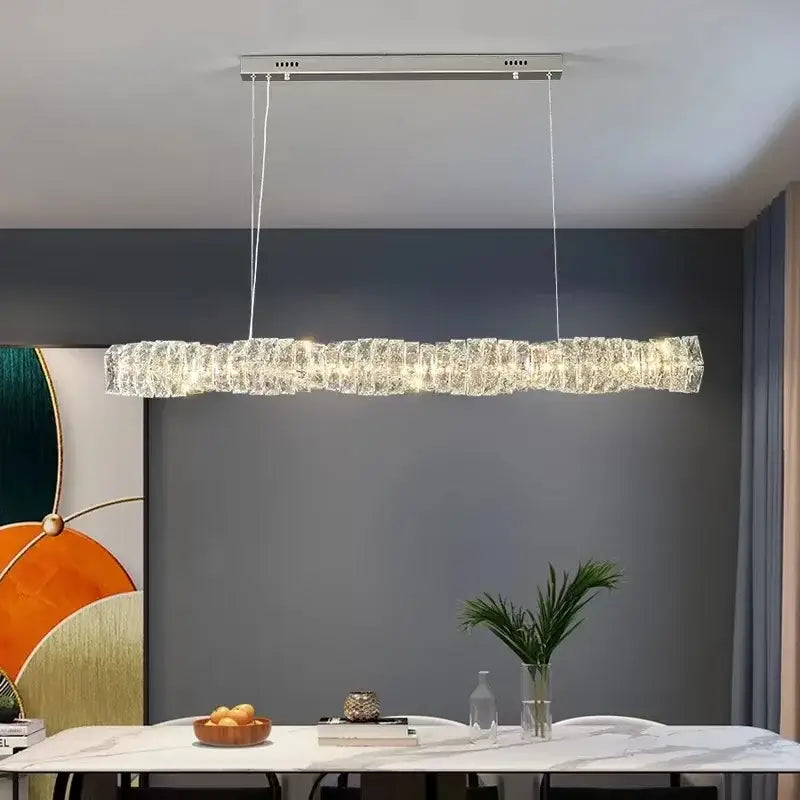 Modern rectangular elegant crystal pendant light with textured crystal design and warm led lighting for dining room decorbites elegant crystal