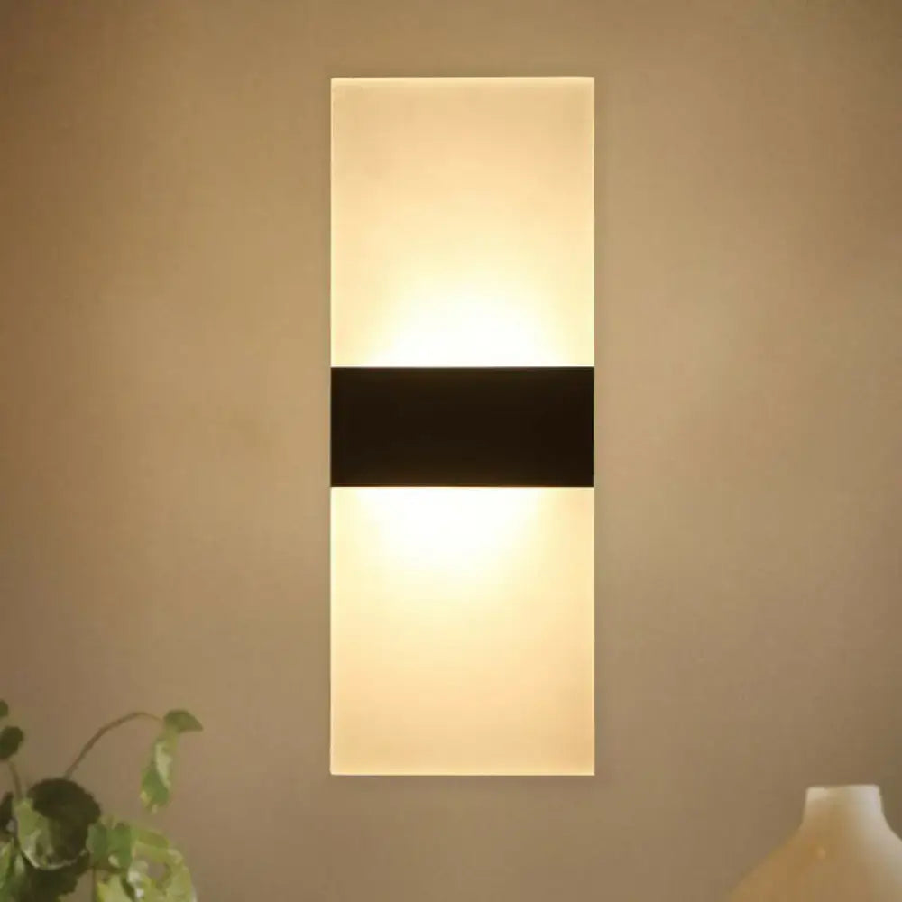 Modern rectangular frosted led wall sconce with black horizontal accent and frosted glass diffuser for corridor lighting