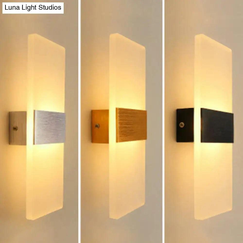 Modern rectangular frosted led wall sconce with silver gold or black metallic accent plate for corridor lighting