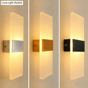 Modern rectangular frosted led wall sconce with silver gold or black metallic accent plate for corridor lighting