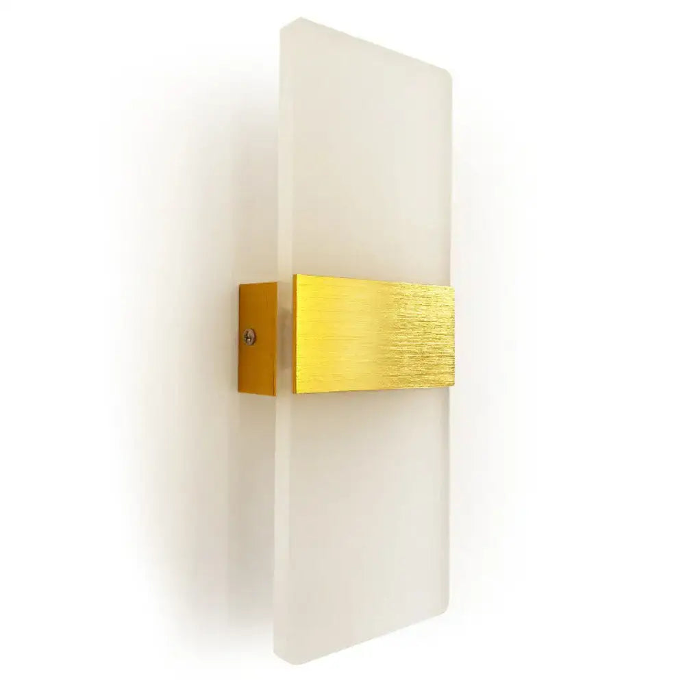 Modern rectangular frosted led wall sconce with a white glass panel and brushed gold metal accent for corridor lighting