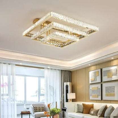 Modern rectangular gold crystal led ceiling lighting fixture with metal frame and faceted crystal accents for bedroom decorbites crystal led