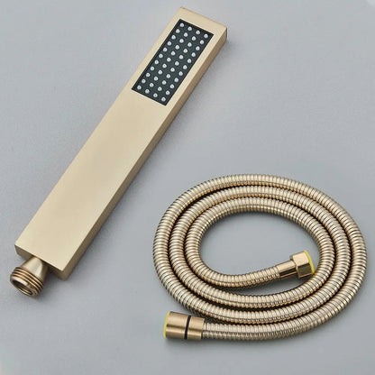 Modern gold handshower head with grid nozzles and stainless steel hose for bathroom by decorbites
