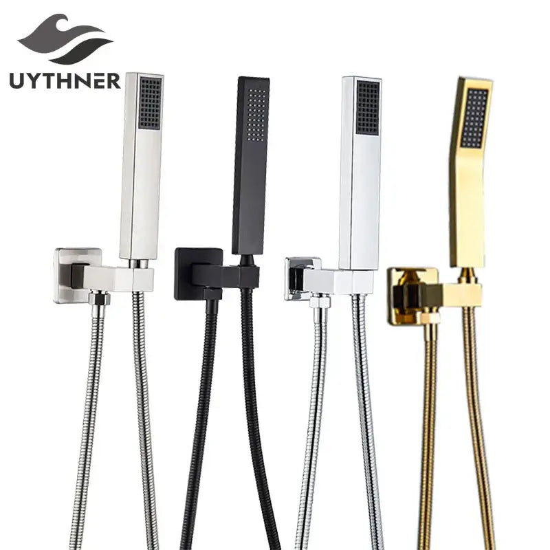 Four modern rectangular handshower heads in brushed stainless steel, matte black, and polished gold with stainless steel hose decorbites handshower head