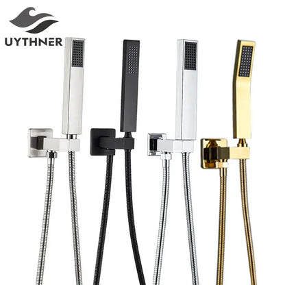 Four modern rectangular handshower heads in brushed stainless steel, matte black, and polished gold with stainless steel hose decorbites handshower head