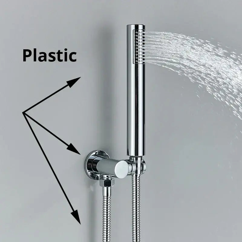 Chrome-finished modern rectangular handshower head with stainless steel hose and multiple spray nozzles emitting water