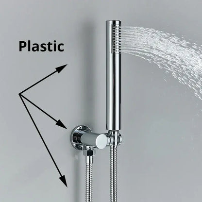 Chrome-finished modern rectangular handshower head with stainless steel hose and multiple spray nozzles emitting water