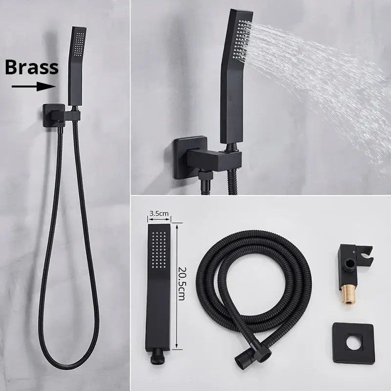 Black matte brass decorbites handshower head with stainless steel hose and sleek rectangular wall-mounted fixture