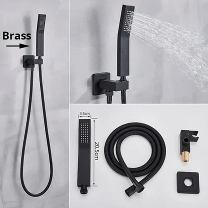 Black matte brass decorbites handshower head with stainless steel hose and sleek rectangular wall-mounted fixture