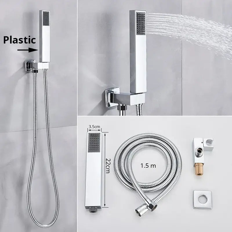 Modern rectangular handshower head with chrome finish and stainless steel hose featuring sleek decorbites design