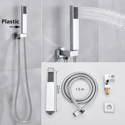 Modern rectangular handshower head with chrome finish and stainless steel hose featuring sleek decorbites design