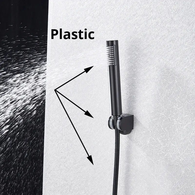 Modern rectangular black plastic decorbites handshower head with textured spray nozzle and stainless steel hose for bathroom decor