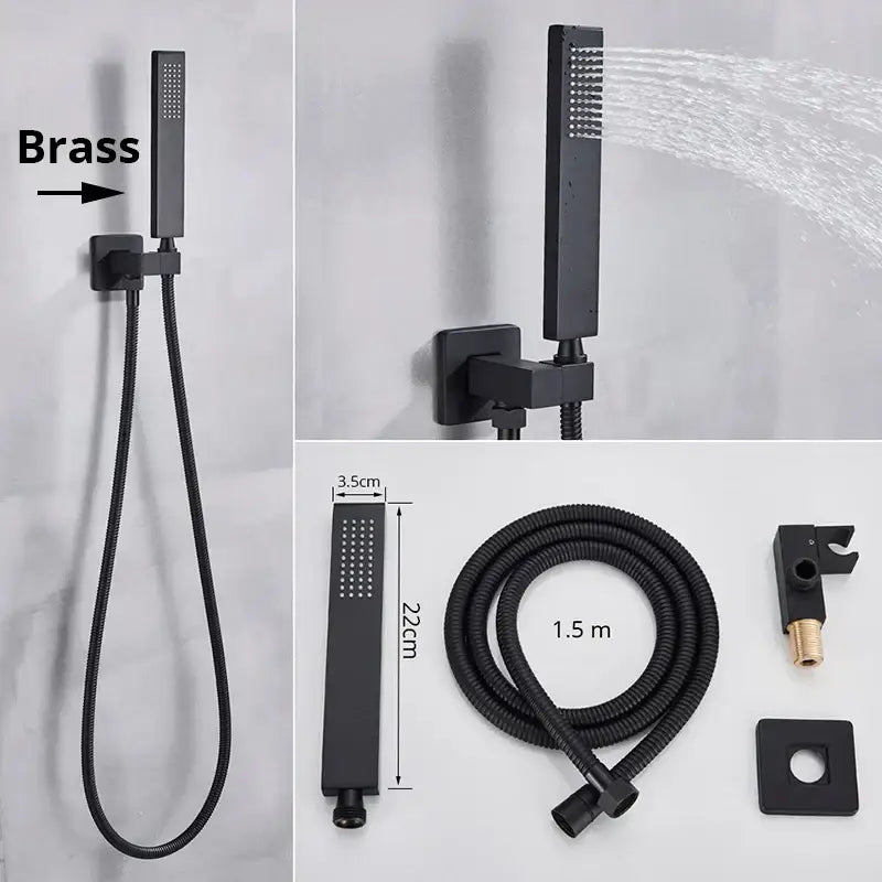Modern rectangular black matte decorbites handshower head with stainless steel hose and flexible design for bathroom use