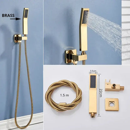 Modern rectangular handshower head with gold-finished brass and stainless steel hose by decorbites with flexible 1.5m hose