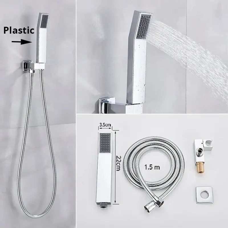 Modern rectangular handshower head with chrome finish and stainless steel hose featuring integrated spray pattern decorbites handshower head