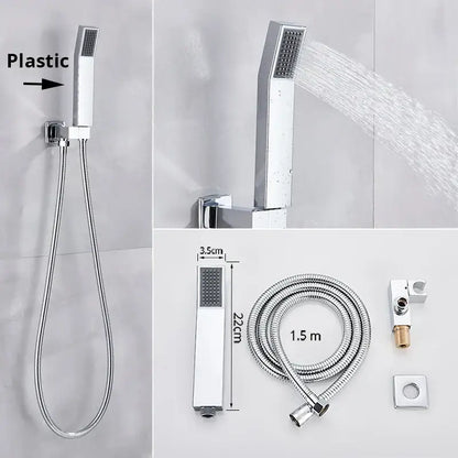 Modern rectangular handshower head with chrome finish and stainless steel hose featuring integrated spray pattern decorbites handshower head