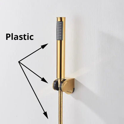 Gold-colored modern rectangular handshower head with plastic components and stainless steel hose for bathroom decorbites handshower head