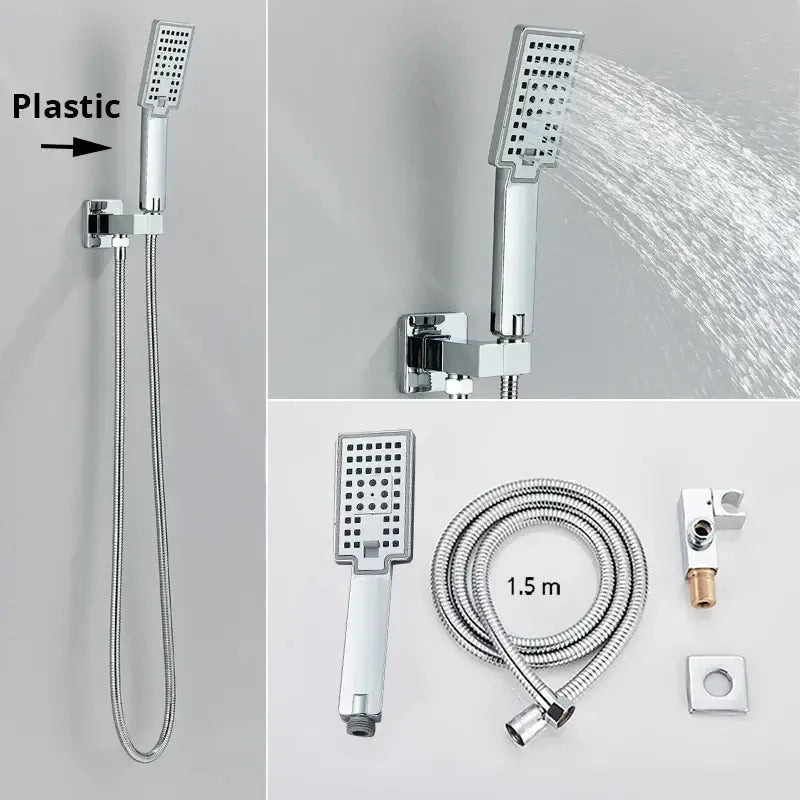 Modern rectangular chrome handshower head with decorbites handshower head and stainless steel hose assembly 1.5 meters
