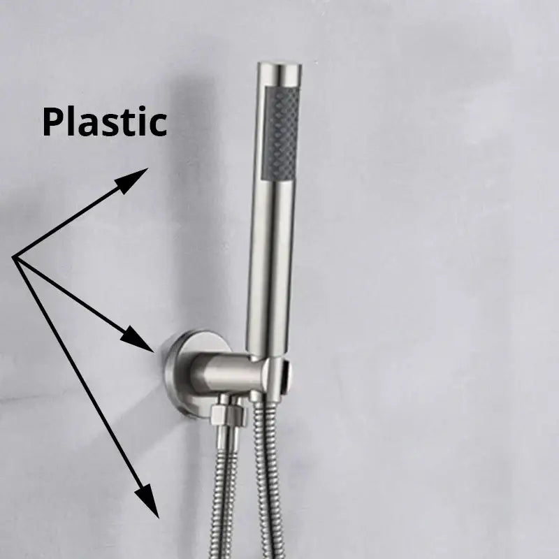 Modern rectangular handshower head with stainless steel hose and textured grip decorbites handshower head