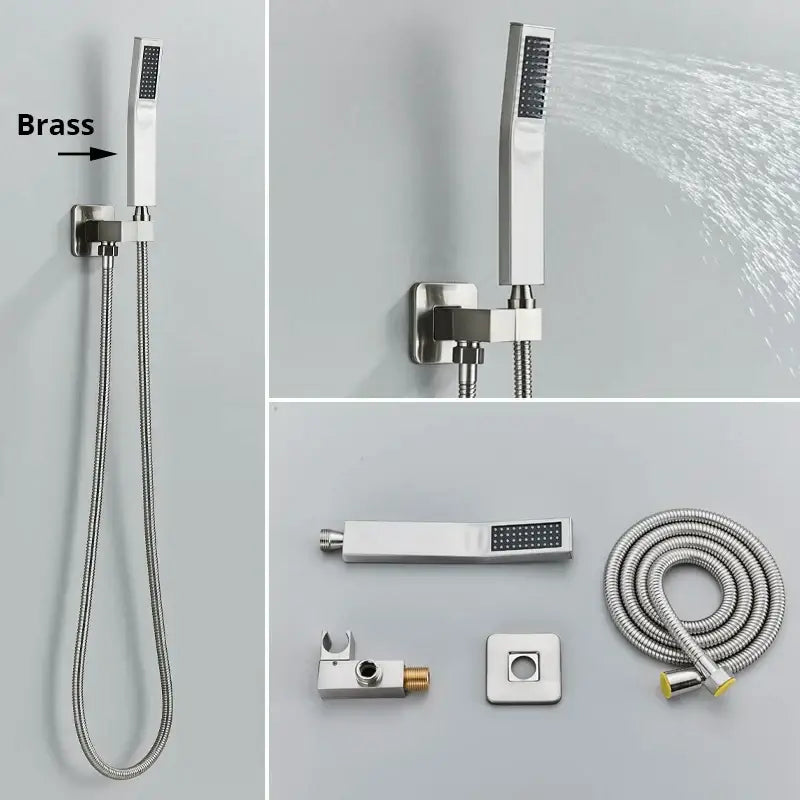 Modern brushed nickel decorbites handshower head with rectangular design and stainless steel hose mounted on wall bracket