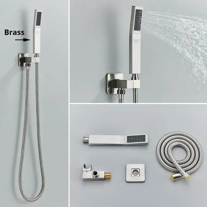 Modern brushed nickel decorbites handshower head with rectangular design and stainless steel hose mounted on wall bracket