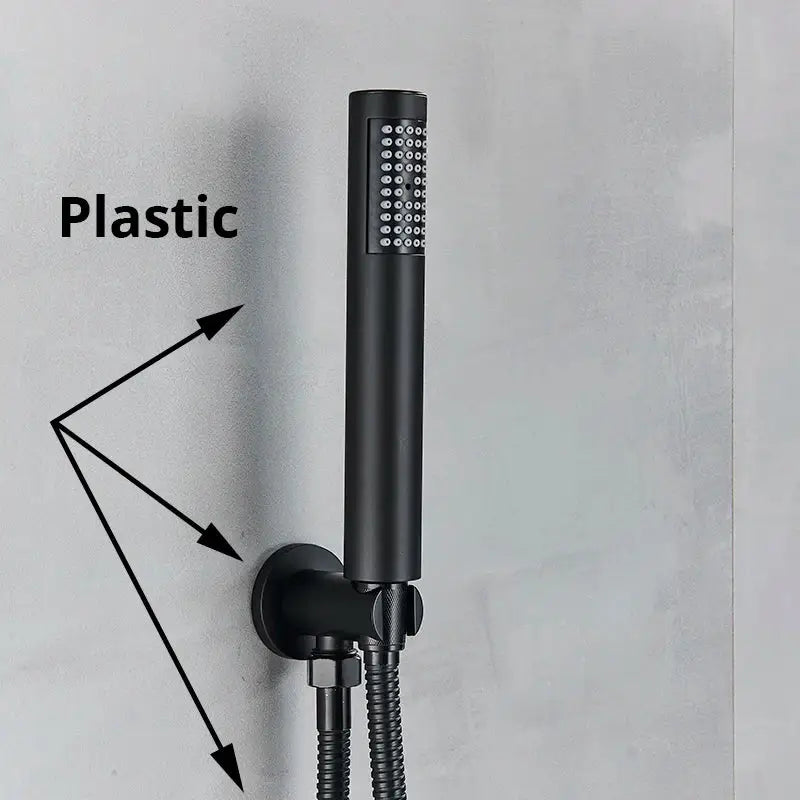 Modern rectangular black plastic handshower head with multiple spray nozzles and stainless steel hose by decorbites
